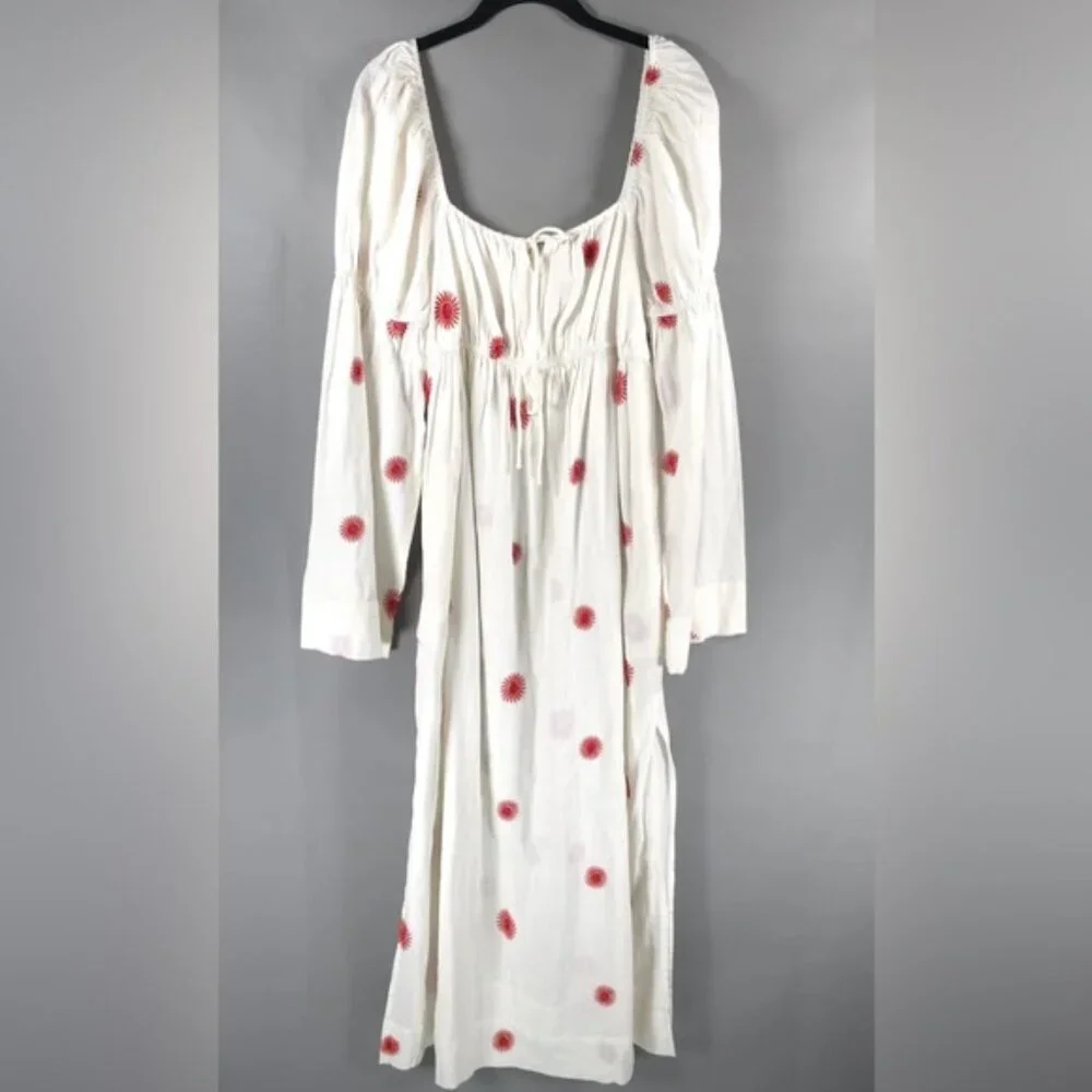 FREE‎ PEOPLE NWOT LINEN Blend EMORY EMBROIDERED MIDI DRESS Slit Side LS IVORY L
